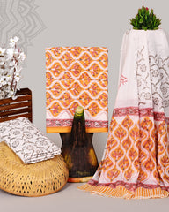 Peach Floral Hand Block Printed Cotton Suit Set with Mulmul Dupatta