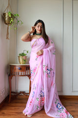 Hand Brush Painted Chiffon Saree with Blouse