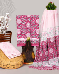 Pink Floral Hand Block Printed Cotton Suit Set with Mulmul Dupatta