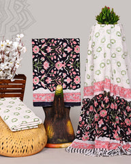 Olive Green Floral Hand Block Printed Cotton Suit Set with Mulmul Dupatta