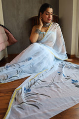Hand Brush Painted Chiffon Saree with Blouse
