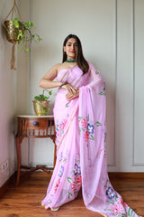 Hand Brush Painted Chiffon Saree with Blouse