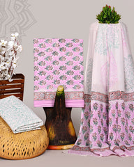 Pink Floral Hand Block Printed Cotton Suit Set with Green Mulmul Dupatta