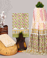 Pink Floral Hand Block Printed Cotton Suit Set with Green Mulmul Dupatta
