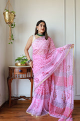 Hand Brush Painted Chiffon Saree with Blouse