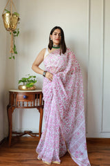 Hand Brush Painted Chiffon Saree with Blouse