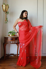 Hand Brush Painted Chiffon Saree with Blouse