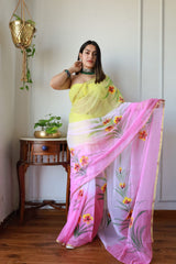 Hand Brush Painted Chiffon Saree with Blouse