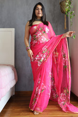 Hand Brush Painted Chiffon Saree with Blouse