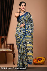 Cotton Mulmul Printed Saree with Attached Printed Blouse