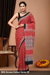 Cotton Mulmul Printed Saree with Attached Printed Blouse