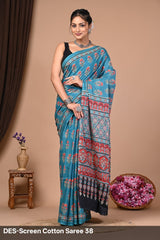 Cotton Mulmul Printed Saree with Attached Printed Blouse
