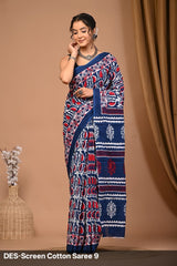 Cotton Mulmul Printed Saree with Attached Printed Blouse
