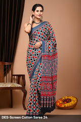 Cotton Mulmul Printed Saree with Attached Printed Blouse