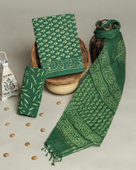 Emerald Green Handblock Print Cotton Suit With Kota Doriya Dupatta