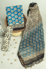 Blue Leaf Printed Cotton Suit Set with Dupatta