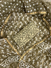 Olive Green Bagru Hand Block Printed Kota Doriya Suit Set with Zari Border Dupatta