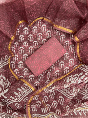 Rose Pink Bagru Hand Block Printed Kota Doriya Suit Set with Zari Border Dupatta