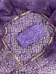Royal Purple Bagru Hand Block Printed Kota Doriya Suit Set with Zari Border Dupatta