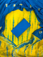 Royal Yellow Blue Tie-Dye Cottont Suit With Mulmul Dupatta