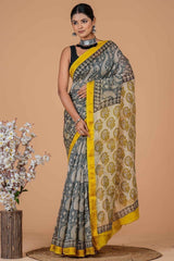 Maheshwari Silk Saree โ Elegant Bagru Print | With Blouse Piece