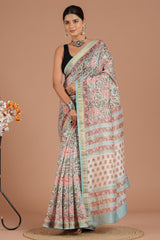 Maheshwari Silk Saree โ Elegant Bagru Print | With Blouse Piece