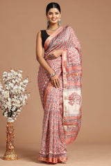 Maheshwari Silk Saree โ Elegant Bagru Print | With Blouse Piece