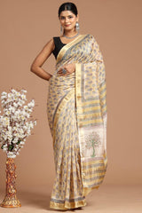 Maheshwari Silk Saree โ Elegant Bagru Print | With Blouse Piece