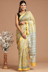 Maheshwari Silk Saree โ Elegant Bagru Print | With Blouse Piece