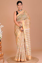 Maheshwari Silk Saree โ Elegant Bagru Print | With Blouse Piece