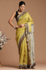 Maheshwari Silk Saree โ Elegant Bagru Print | With Blouse Piece