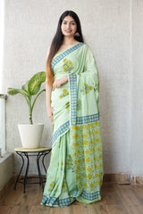 Mint Green Floral Bagru Handblock Printed Mulmul Saree