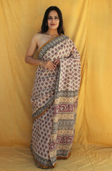 Beige Maroon Handblock Mulmul Saree
