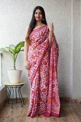 Pretty in Pink Bagru Hand Block Mulmul Saree