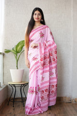 Soft Pink Handblock Print Mulmul Saree