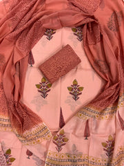 Blush Bloom Handblock Printed Cotton Suit Set with Soft Mulmul Dupatta