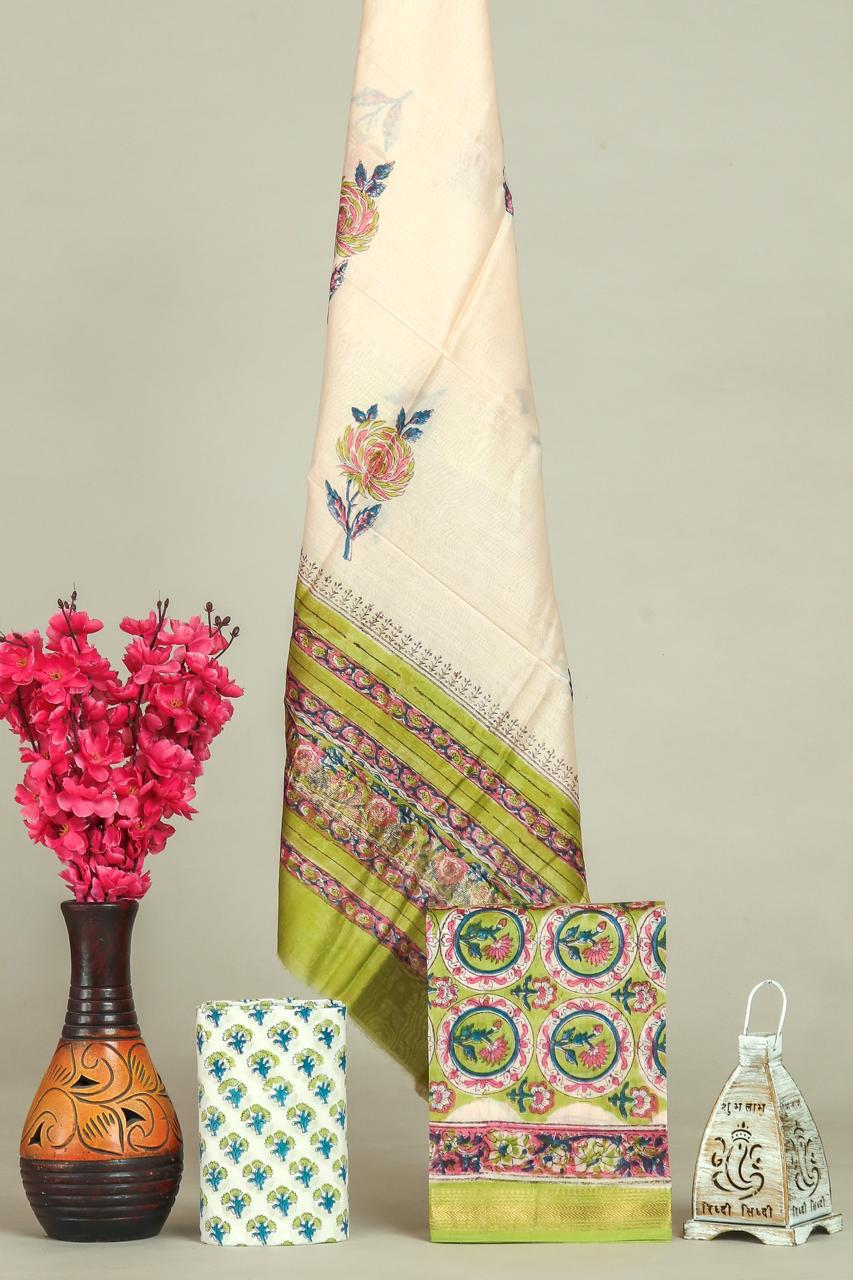 Hand block printed maheshwari silk suit with silk duppata ms01