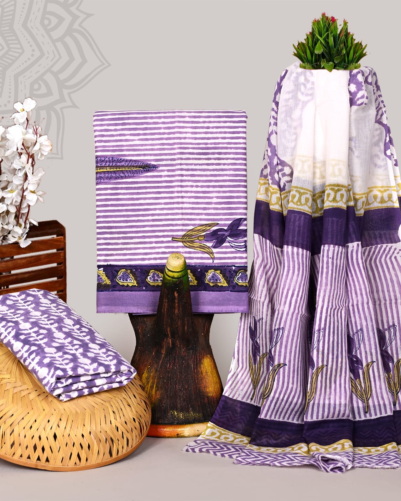 Smoky Grey Tie-Dye Handblock Printed Cottont Suit With Mulmul Dupatta