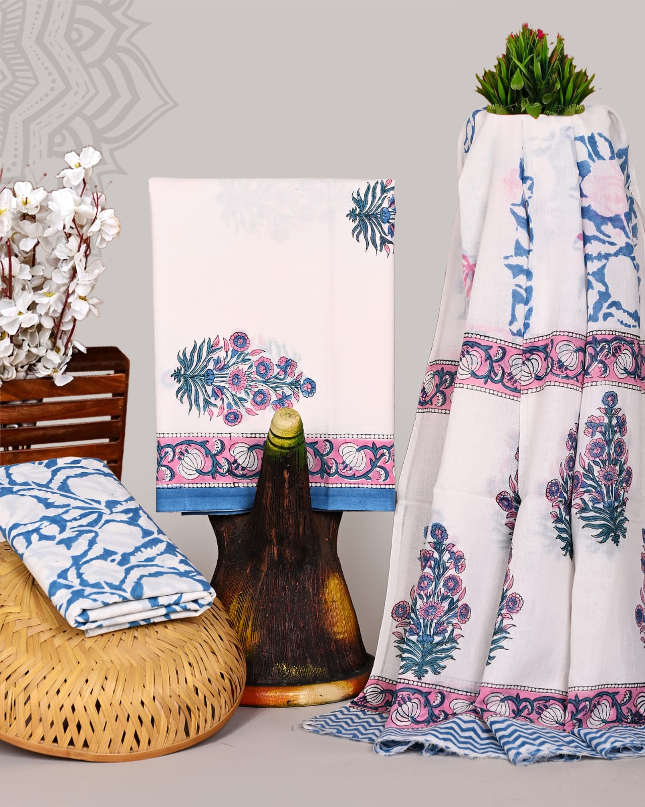 Pearl White Handblock Printed Cotton Suit Set with Elegant Mulmul Dupatta