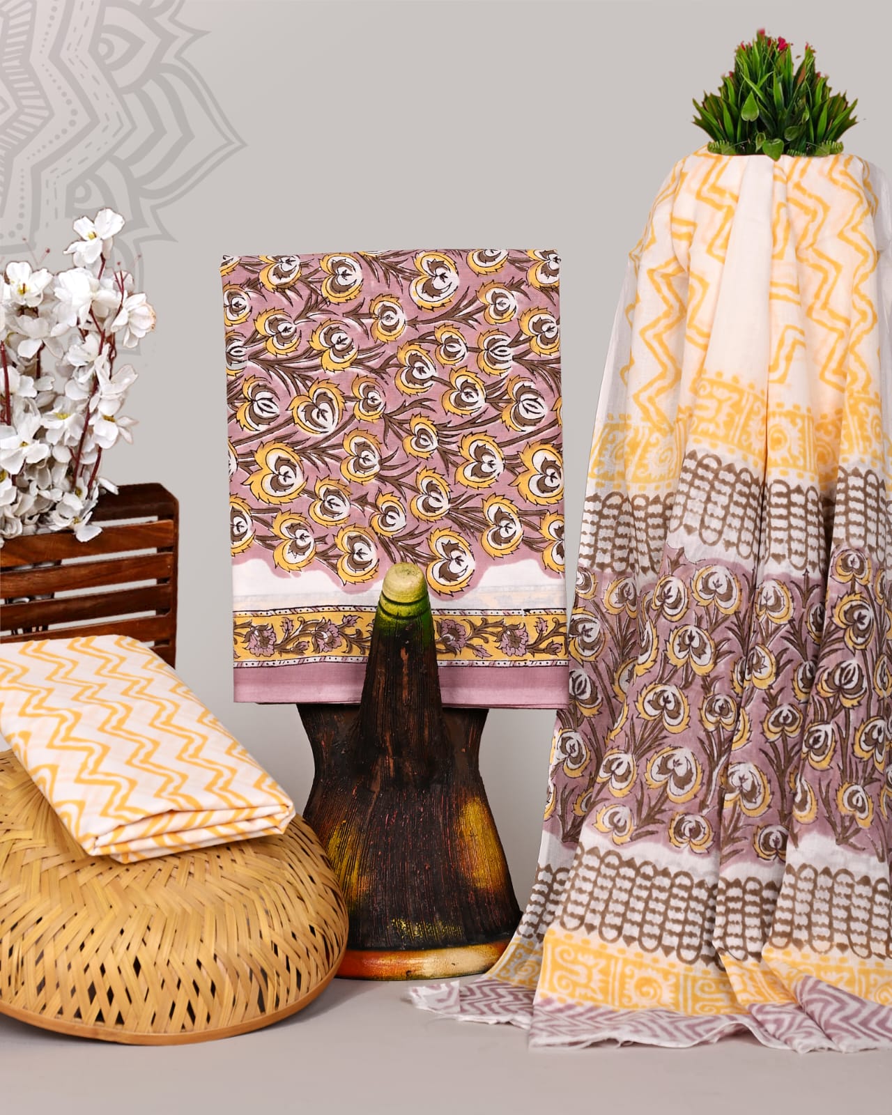 Ruby Rose Handblock Printed Cotton Suit Set with Soft Mulmul Dupatta