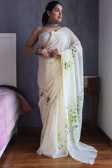Hand Brush Painted Chiffon Saree with Blouse