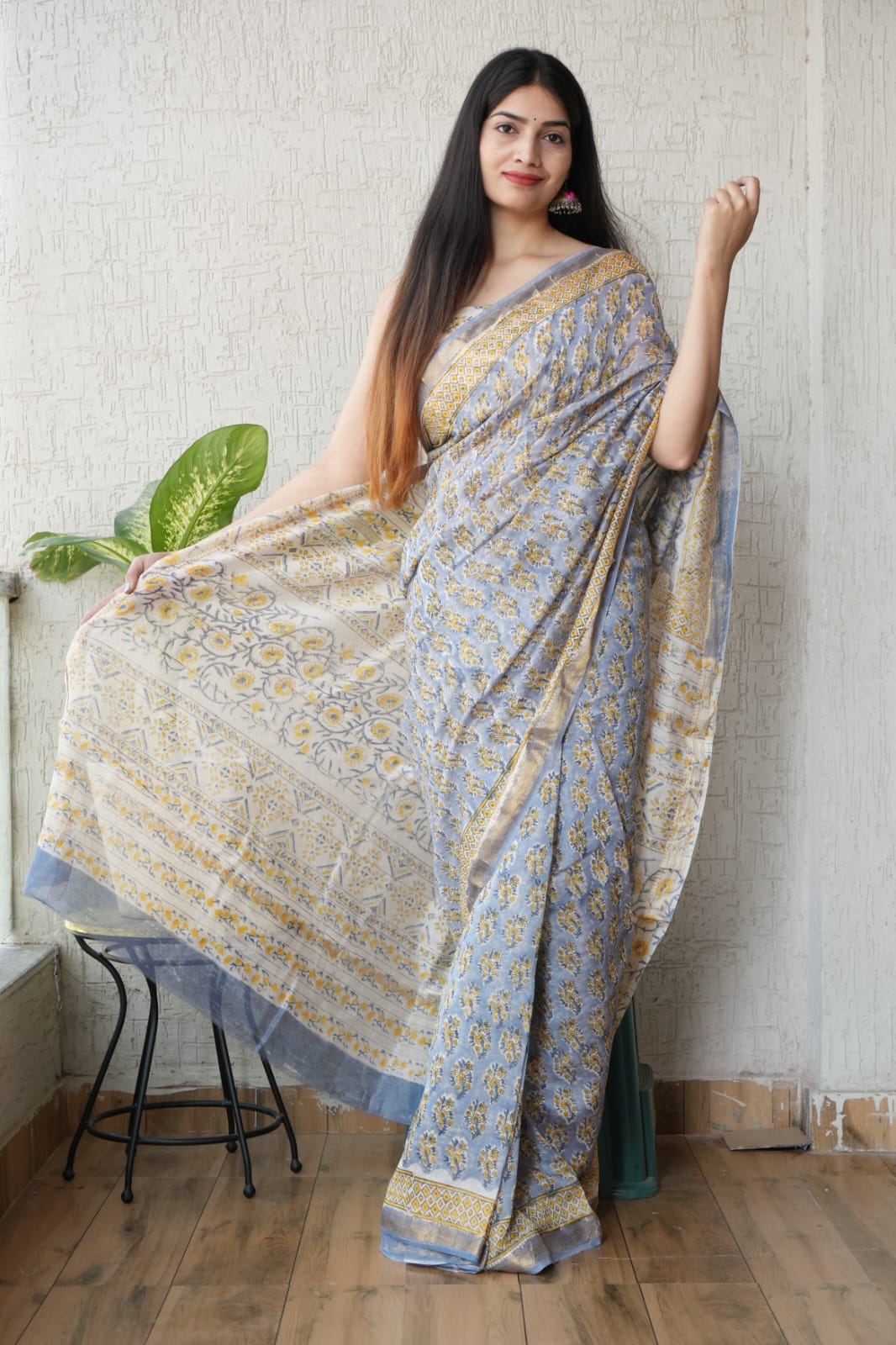 Bagru Hand Block Print Maheshwari Silk Saree