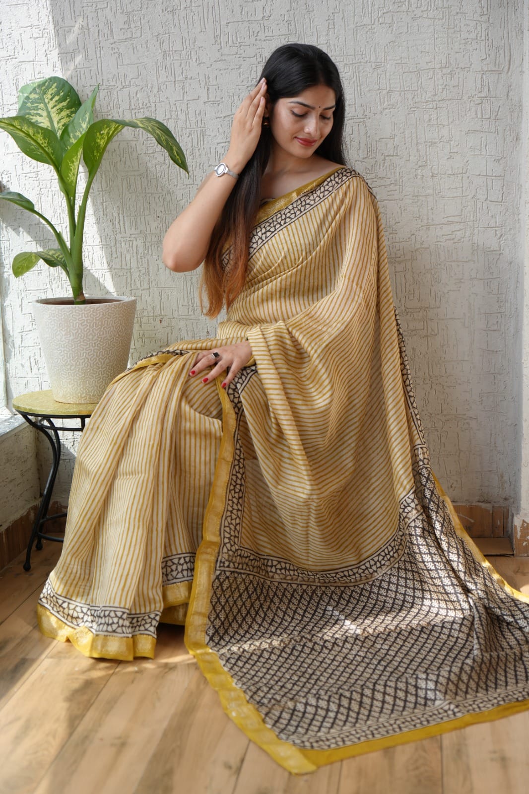 Bagru Hand Block Print Maheshwari Silk Saree