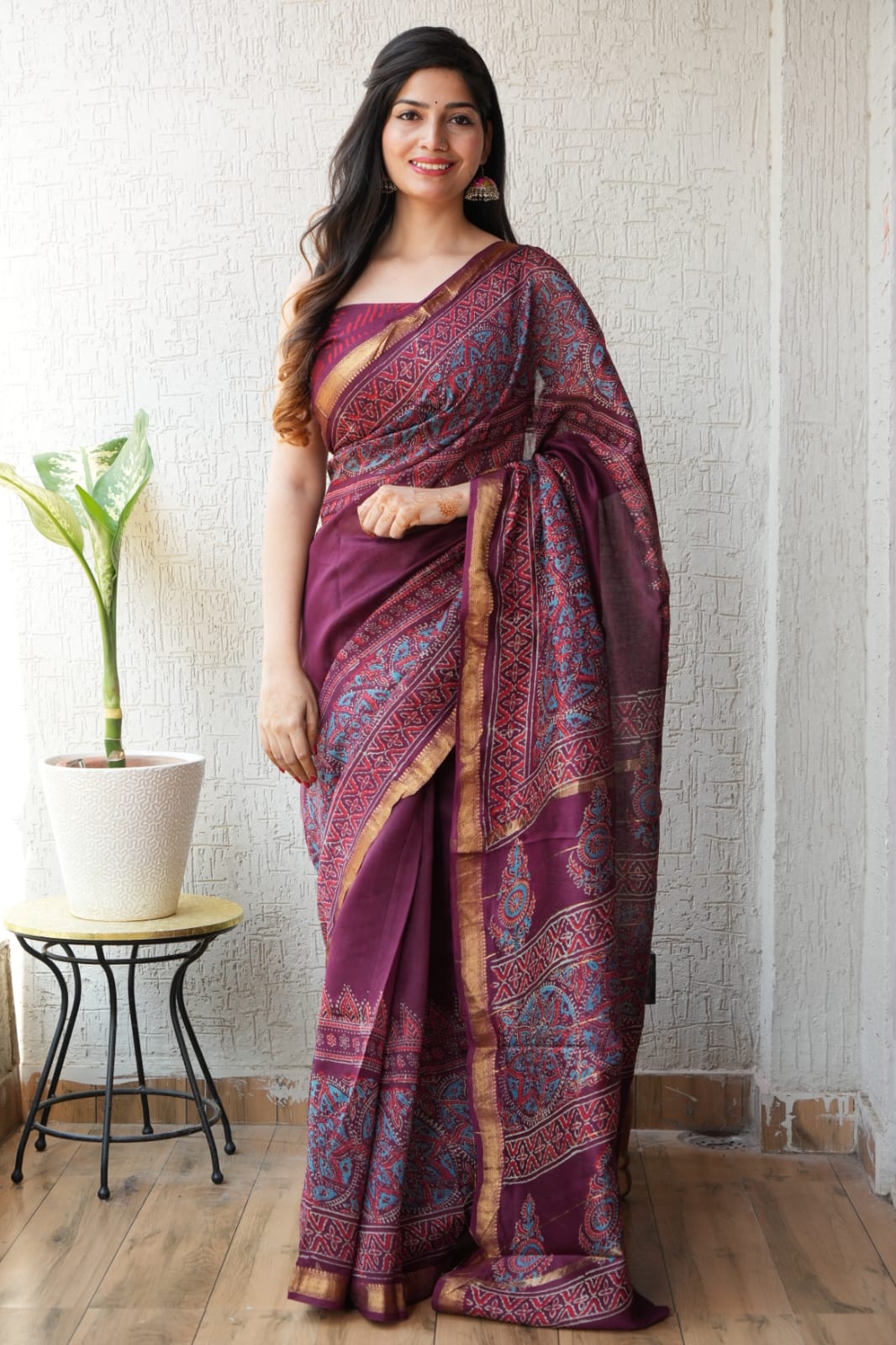 Bagru Hand Block Print Maheshwari Silk Saree