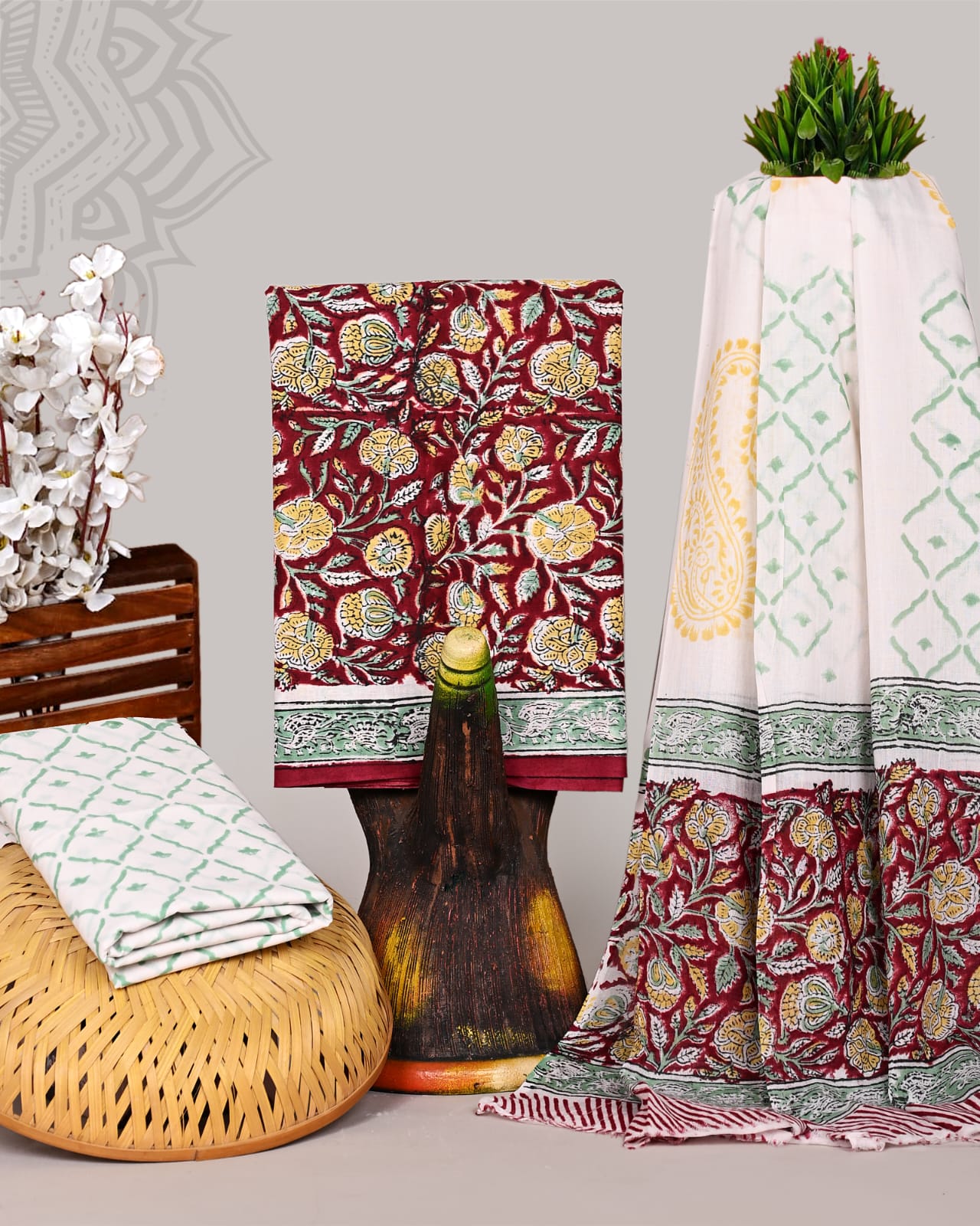 Sage Green Hand Block Printed Cotton Suit Set with Mulmul Dupatta