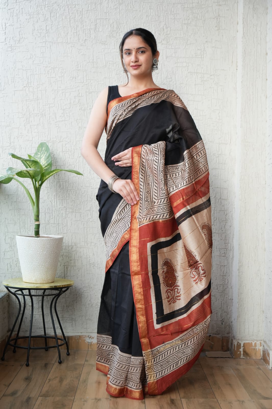 Bagru Hand Block Print Maheshwari Silk Saree