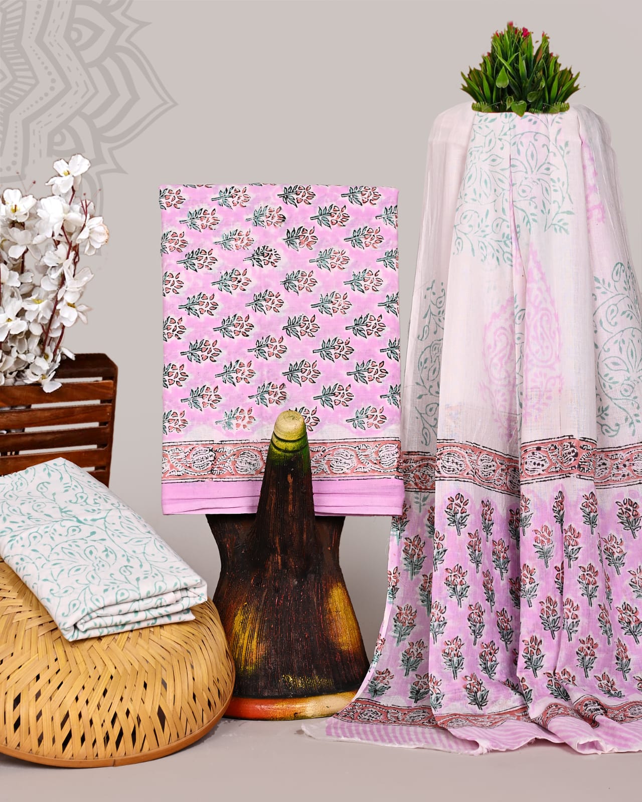 Pink Floral Hand Block Printed Cotton Suit Set with Green Mulmul Dupatta