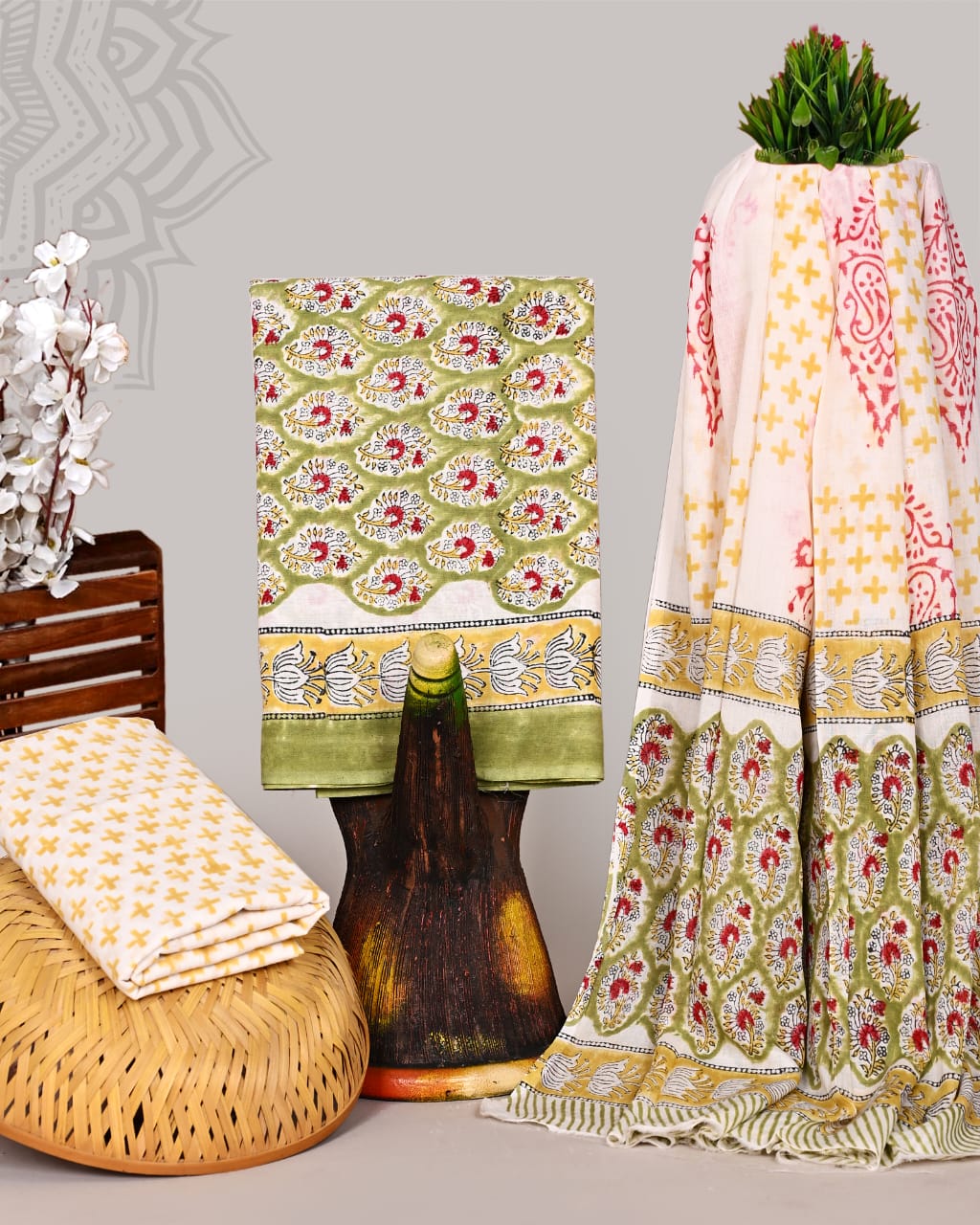 Pink Floral Hand Block Printed Cotton Suit Set with Green Mulmul Dupatta