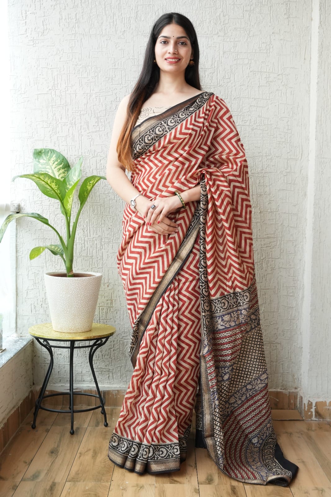 Bagru Hand Block Print Maheshwari Silk Saree