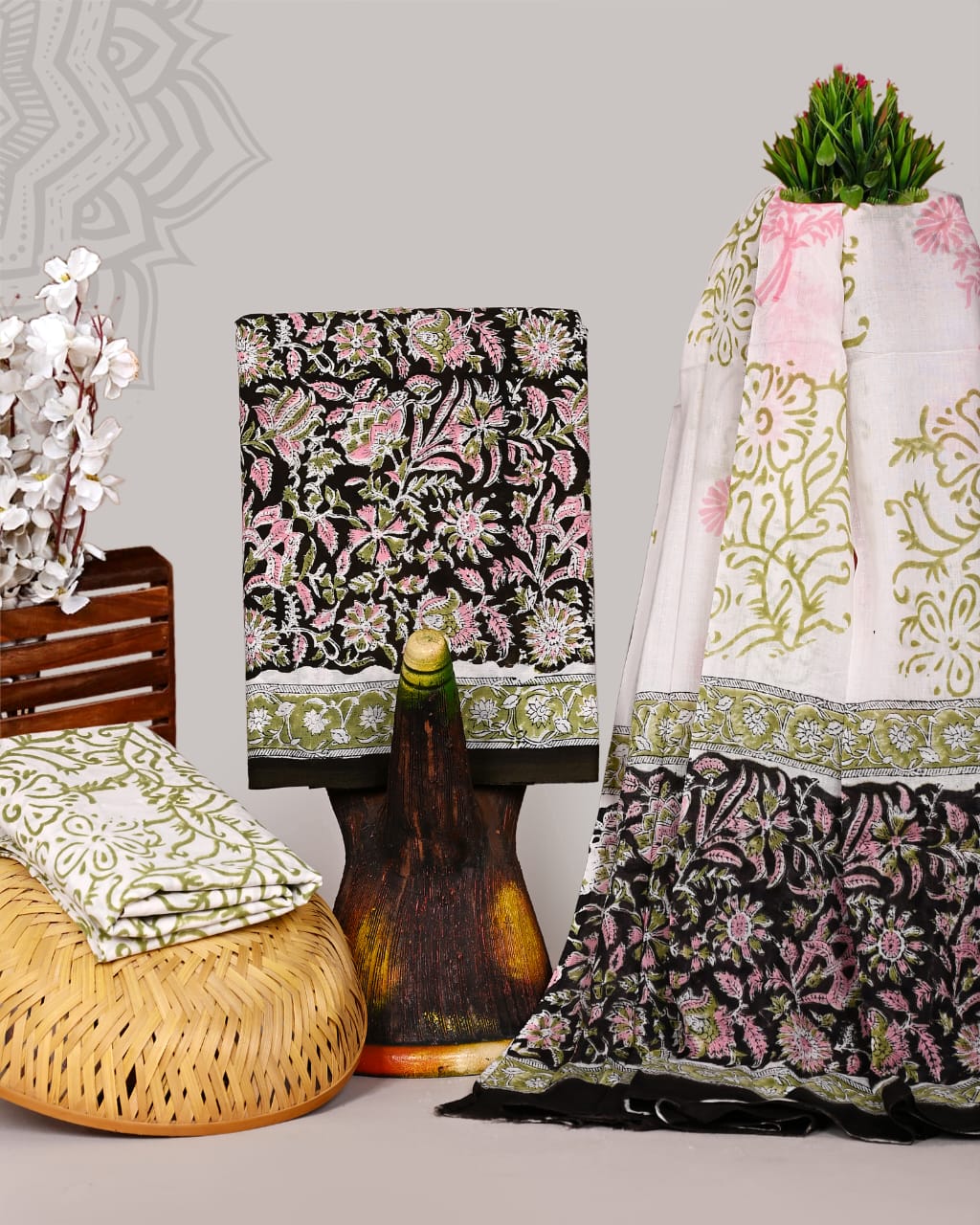 Pink Floral Hand Block Printed Cotton Suit Set with Green Mulmul Dupatta